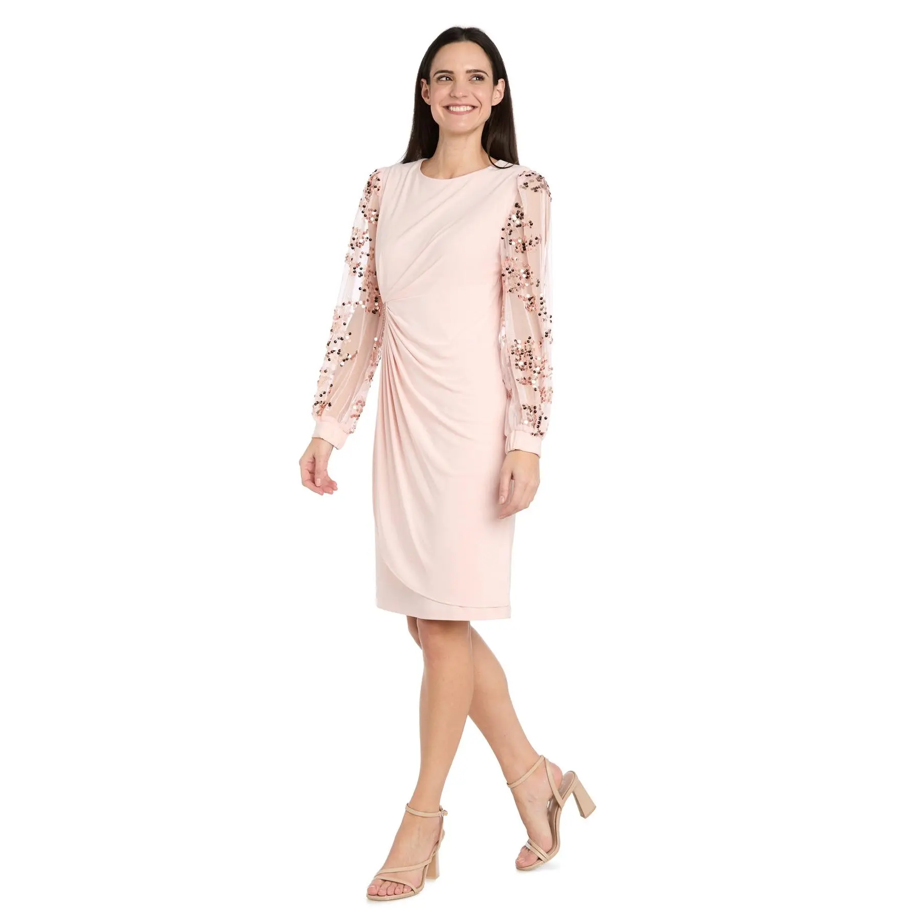 Blush Sequin Sleeve Draped Cocktail Dress - Petite