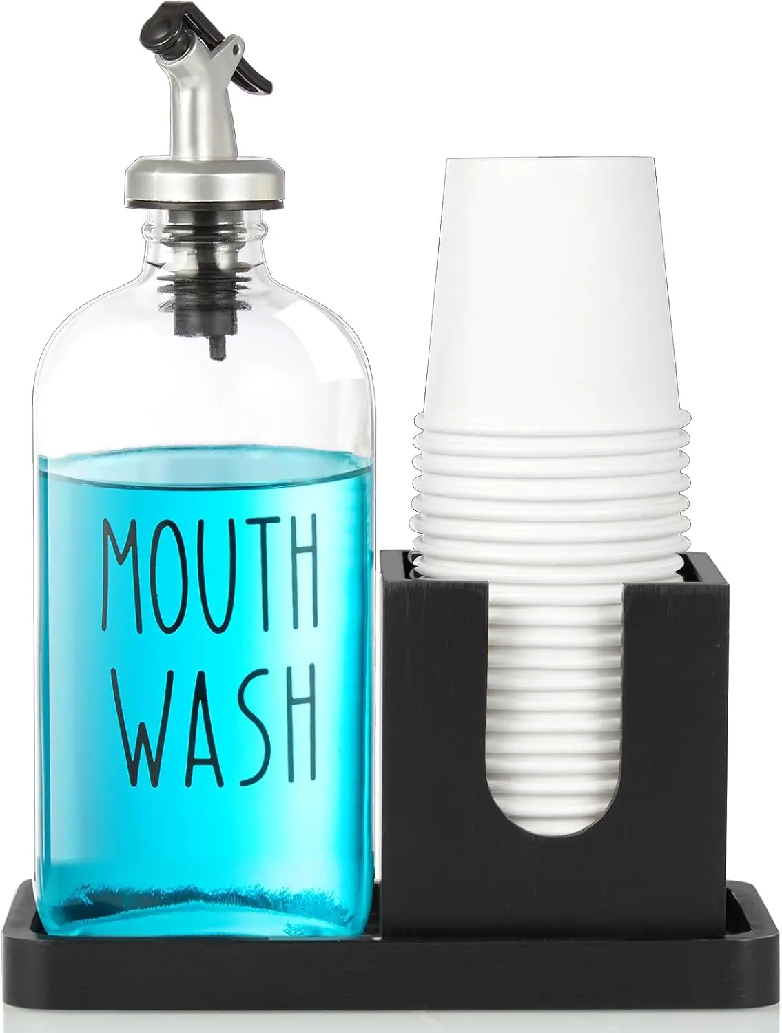 Glass Mouthwash Dispenser for Bathroom, with Pour Spout and Wood Cup Holder and Tray, Mouth Wash Bottle Container, Black Kitchen Bathroom Decor .