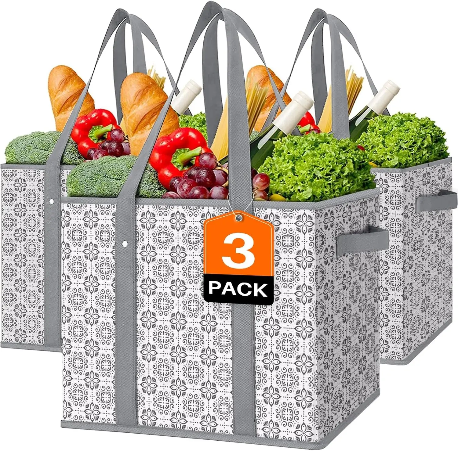 [3 Pack] Reusable Waterproof Large Shopping Tote Bags - Foldable, Functional Luggage & Bags for Groceries, Picnics