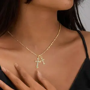September Laurel Easter Cross Necklace 14k Gold Plated Double Cross Pendant CZ Cubic Zirconia for Women Men Boy Jewelry Birthday Dainty Gifts