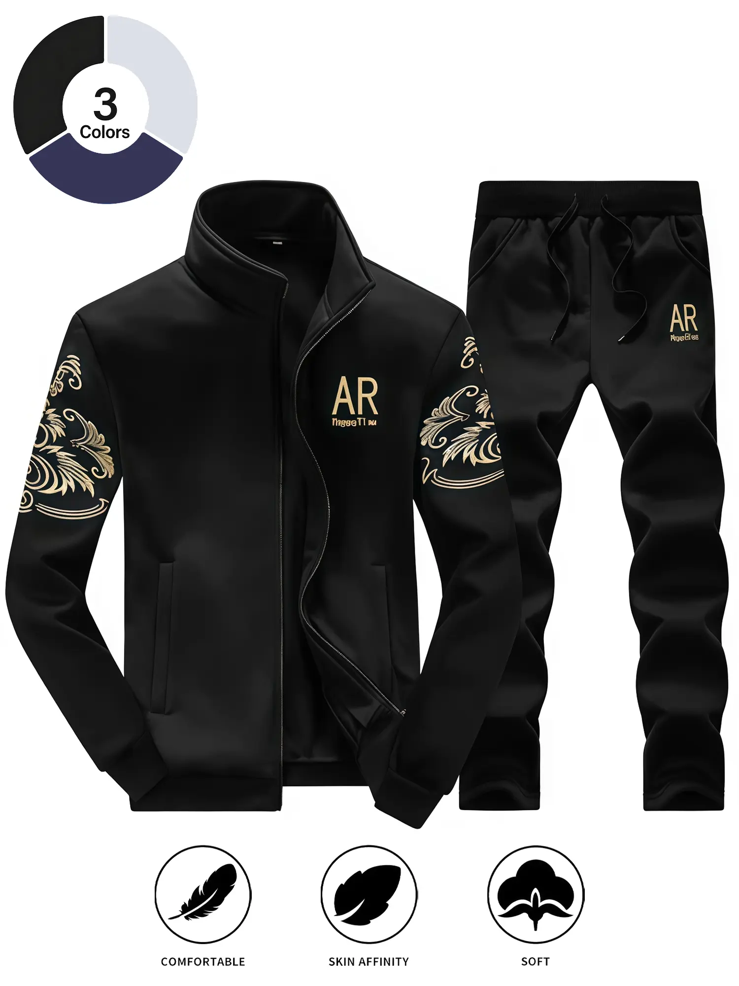 Men's Tracksuit Set 2 Piece Stand Collar Zip Up Jacket and Jogger Pants Athletic Casual Outfit Gold Print Long Sleeve Sportswear Sweat Suit Matching Set Comfortable Slim Fit Training Clothes for Men