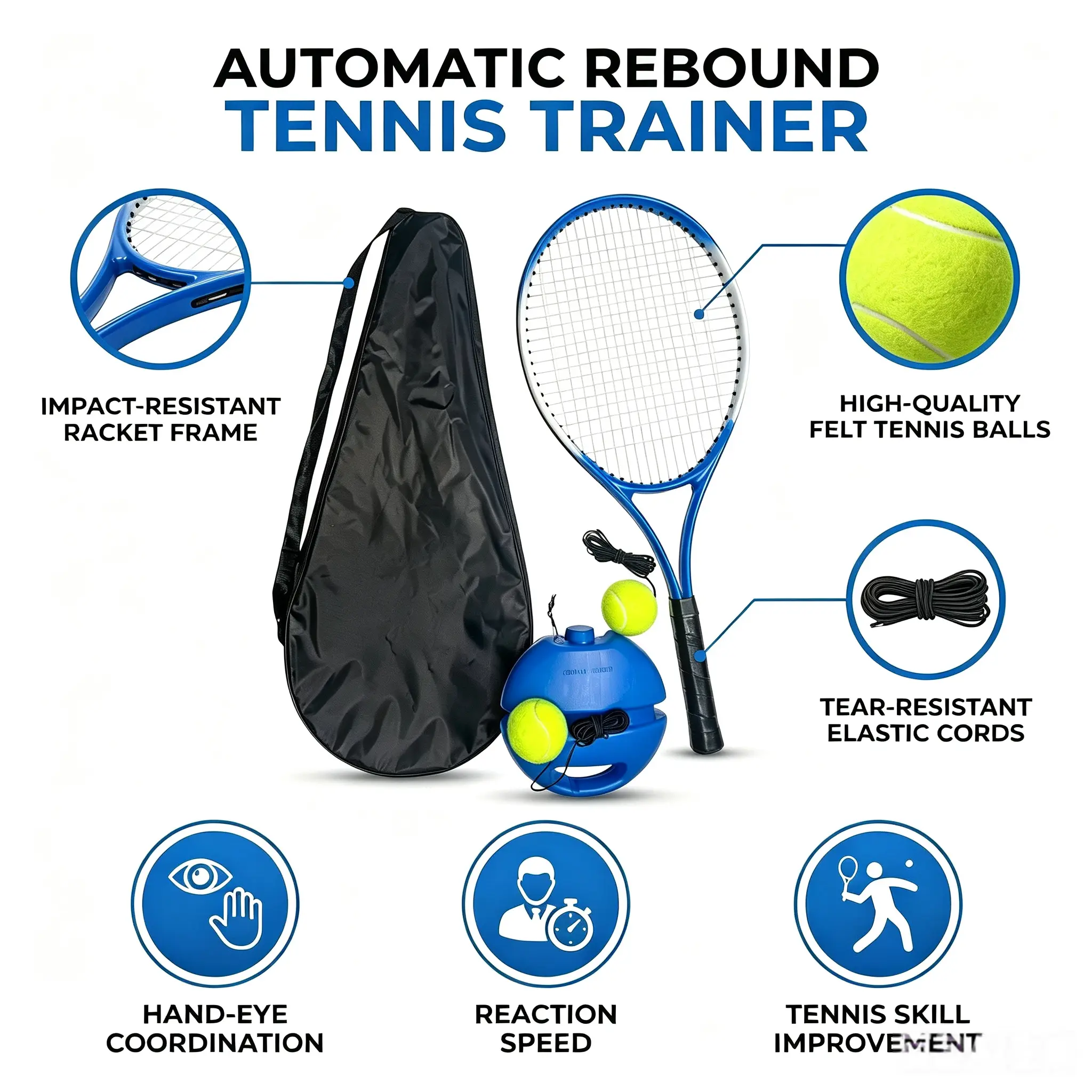 Outdoor Sports Tennis Rebound Training Set Portable Fitness Exercise Solo Practice Kit With Racket Ball For Home Backyard Beginner Daily Workout