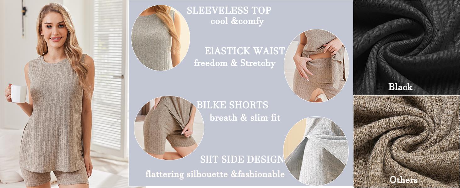 EKOUAER Spring Women's Clothing Sets Summer Striped Knitted Sleeveless Women's 2-Piece Set Cycling Shorts Casual Comfortable Set S-XXL EKOUAER Spring Women's Clothing Sets Summer Striped Knitted Sleeveless Women's 2-Piece Set Cycling Shorts Casual Comfortable Set S-XXL