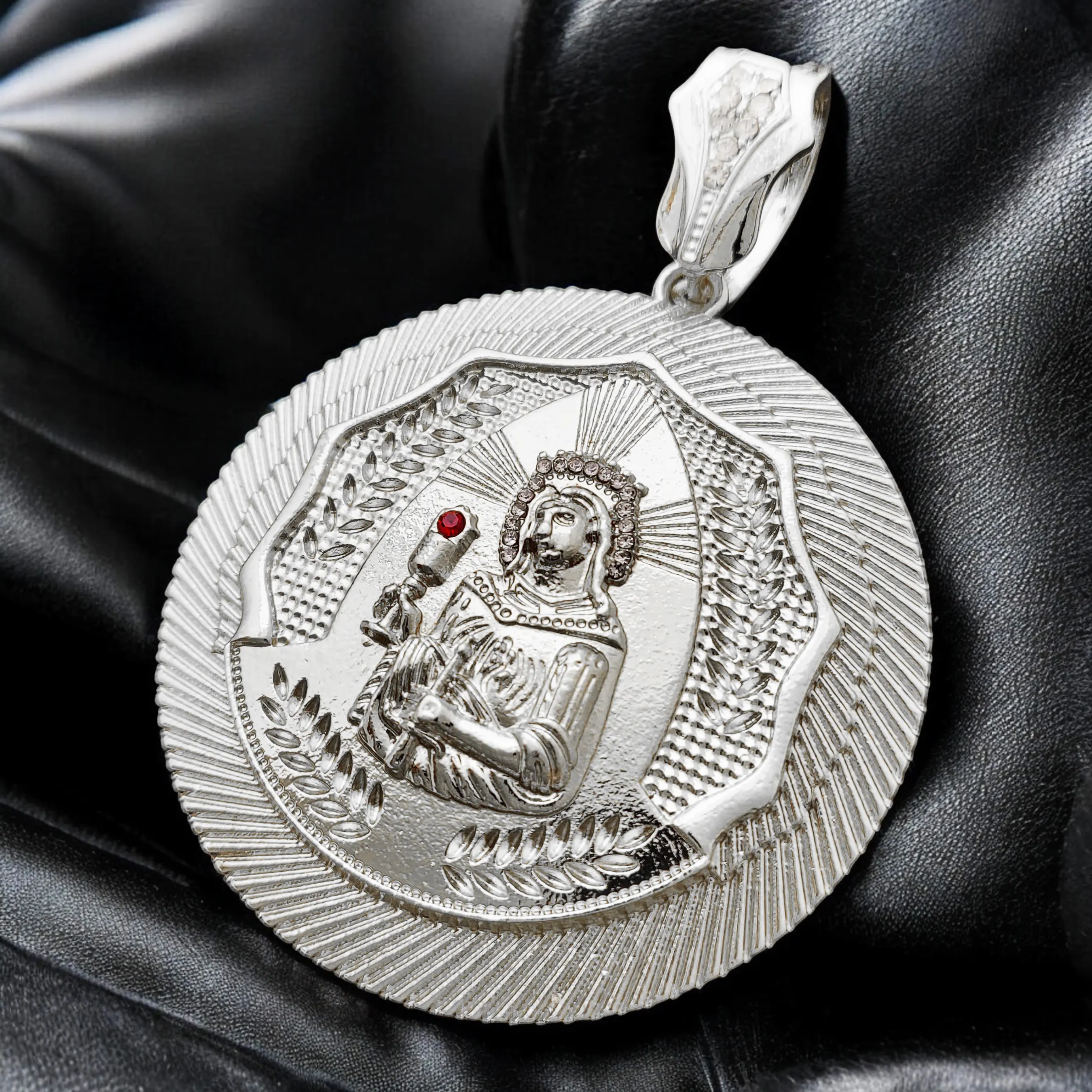 MaxBling81 Collectible Pendant, Unisex Celebrity Hip Hop Religious Medal in Silver-Plated Alloy with CZ and Polished Finish for Everyday Wear, Daily Wear, 2.3 Inches, Alloy Metal, Casual, Celebrities, Collectibles, Charms & Pendants, Street, Santa Barbara