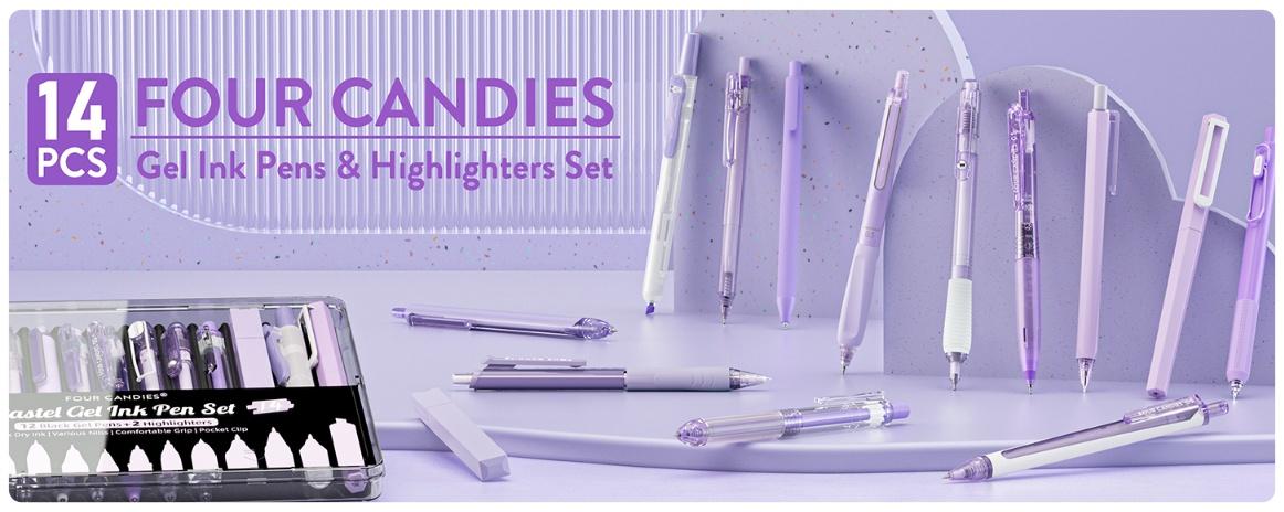 Four Candies 14Pack Pastel Gel Ink Pen Set,Cute Retractable 0.5mm Fine Point Pen,Note Taking Aesthetic Pens,12 Pack Black Ink Pens with 2Pcs Highlighter, Smooth Writing Pens for School and Office,NoteTaking,Students Stationary,girly office supplies