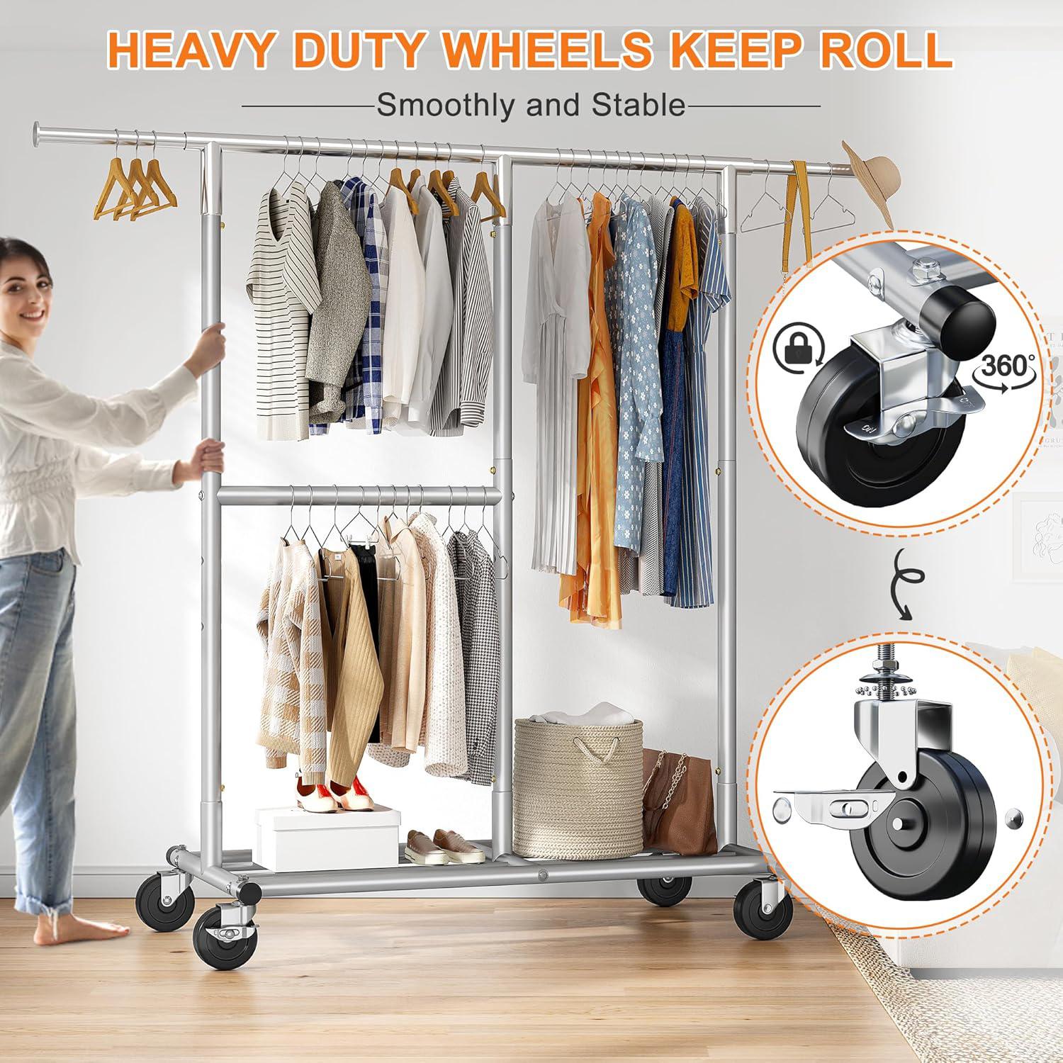 Raybee Furniture Clothes Rack Heavy Duty 450LBS Clothing Racks for Hanging Clothes Rolling Clothes Rack, Metal Clothing Rack with Wheels Collapsible & Commercial Garment Rack Portable Clothes Rack 【Black Friday】