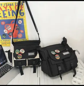 Vintage Messenger Bag with Three Badge Holder Large Capacity Pocket Durable Shoulder Bag for School Work Travel and Professionals