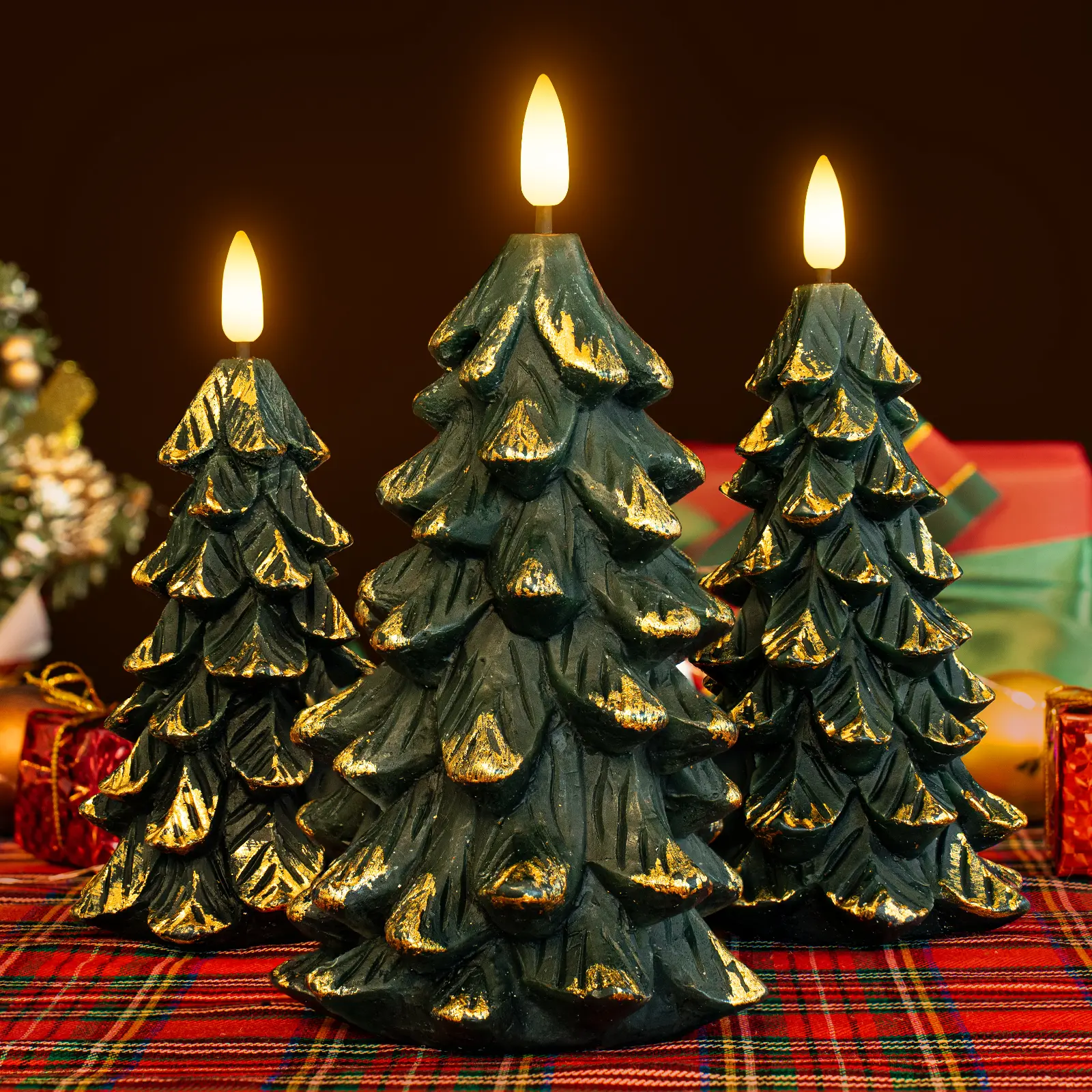 3-Pack Green Christmas Tree-Shaped Flickering Flameless LED Candles - Real Wax, Battery-Operated (Batteries Not Included), Timer, Manual Switch, Residue-Free, Home Supplies, Mood Lighting Christmas Decor Gift