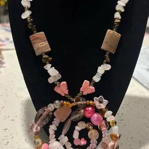 SPIRAL PENDANT Rose Quartz Brown banded Jasper Tigers Eyes GEMSTONE NECKLACE  with Multicolor Beads and Shell Accents for Stylish Jewelry