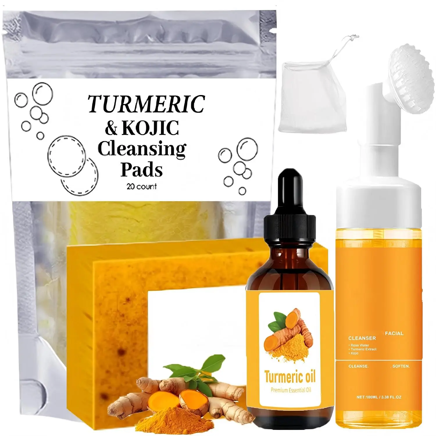 Turmeric Wash and Care 4 Piece Set, Turmeric Face Wash with Brush, Gentle Cleansing Moisturizing Skincare Set for Face Soap Bar | Mousse Cleanser | Essential Oil | Cleansing Pads