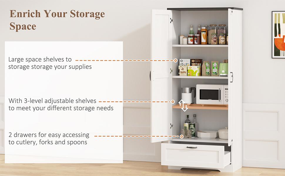 Walsunny Kitchen Pantry Cabinet, 65" Tall Storage Cabinet with Adjustable Shelves & Barn Doors, Freestanding Kitchen Cupboard for Dining Room, Living Room