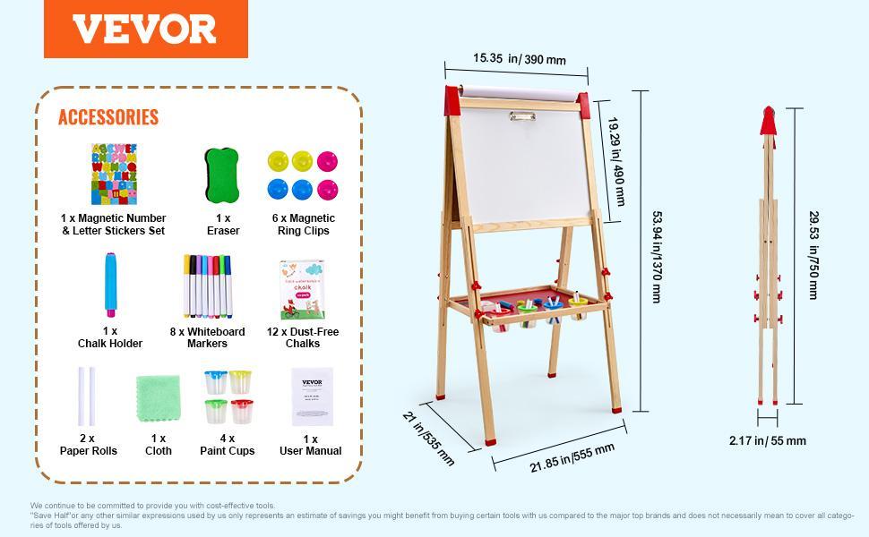VEVOR 2-in-1 Kids Art Easel Double-Sided Wooden Magnetic Whiteboard Chalkboard, Christmas gift
