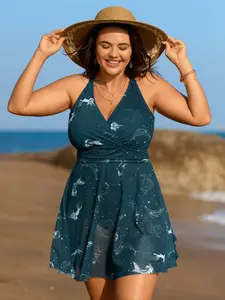 【Tummy control】BLOOMCHIC Plus Size Ocean Pattern Mesh Surplice Swim Dress [M-6X] 2026 Summer Vibes Swimweek