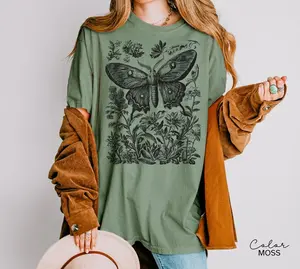 Comfort Colors Retro Oversized Moth T-shirt, Vintage Cottagecore Nature Tee, Washed Boho Gothic Nature Tee