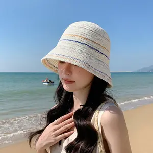 Summer sun protection hat for women, versatile, flattering, slimming, bucket hat, striped knit, openwork, breathable fisherman hat.