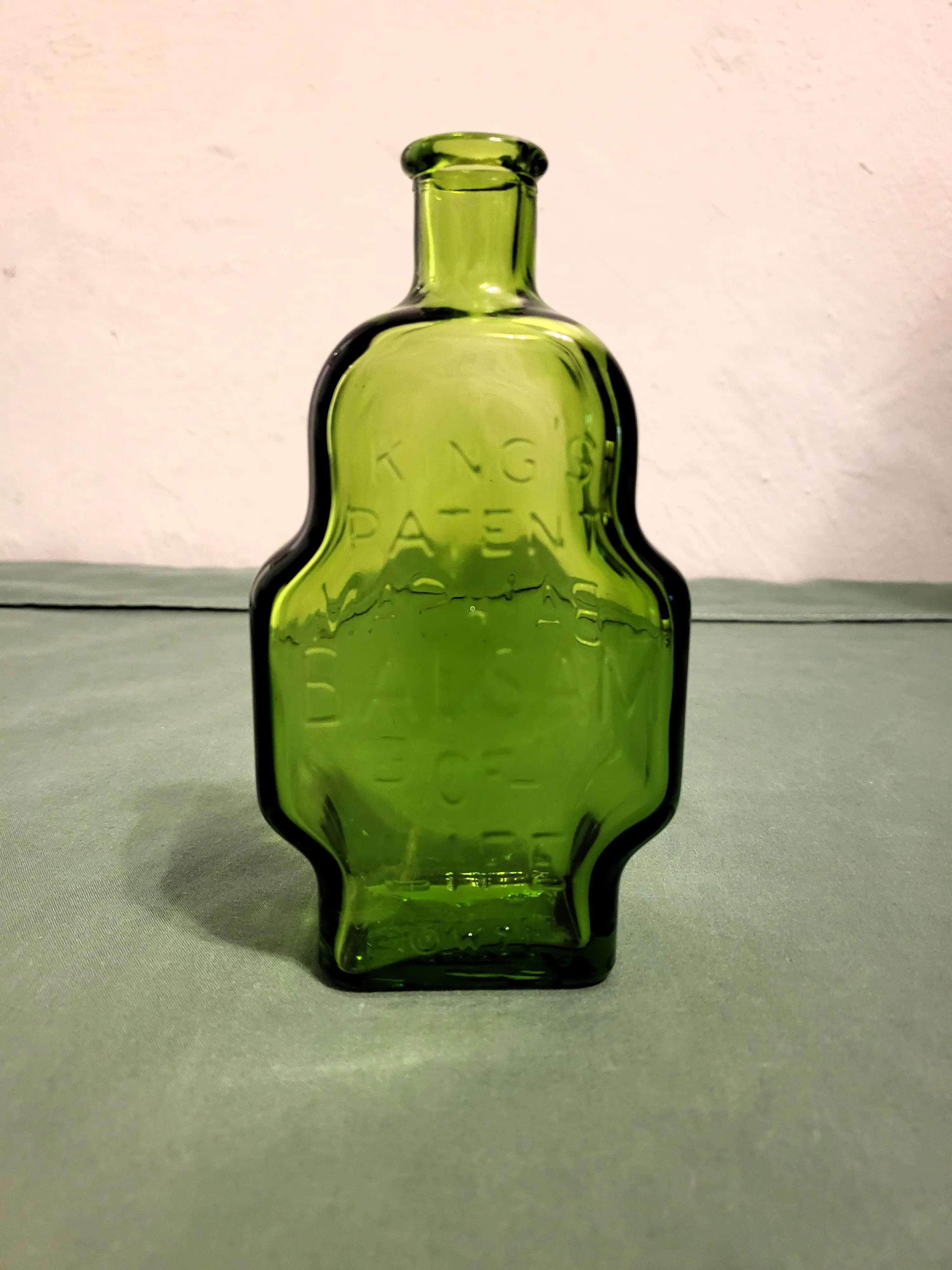 Antique Green Glass Medicine Bottle - Embossed Balsam, Unique-Shaped King’s Patent Balsam of Life, Hand-Finished Lip, Rustic Vintage Apothecary Farmhouse Storage Jar, Home Organizer for Themed Decor