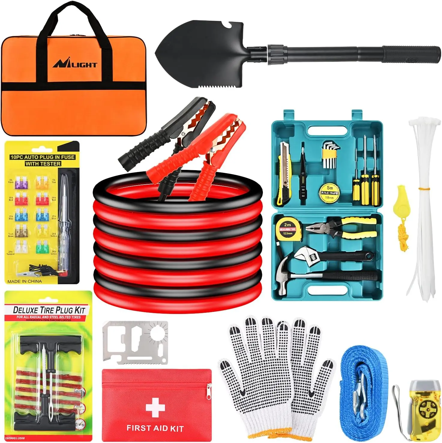 Nilight Automotive Emergency Kit - 12 ft PVC Jacketed Jumper Cables, Air Compressor, Tire Repair Kit, First Aid Supplies for Proper Wound Treatment, Alligator Connectors, Automotive Vehicle Tool, Flashlight for SUV, Motorcycle, Truck (Father's Day Gift),