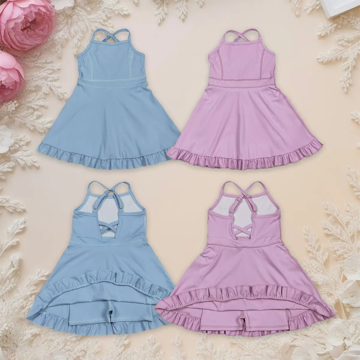 Girls' Fitted Quick-Dry Athletic Tennis Dress - Adjustable Straps, Ruffle Hem, Built-in Shorts, Running Activewear for Summer Sports, Dancing, Tennis Dress With Shorts, Workout Athletic Dresses