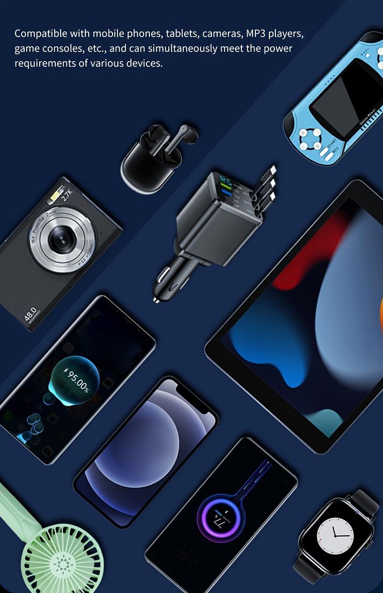 Nuokaiqi Car 7-in-1 Fast Charger with 3 Retractable Cables, Car Star Light,180° Direction Adjustment, LED Display, Compact Design, Premium Materials, Ideal for Road Trips