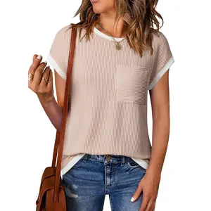 EVALESS Women's Casual T Shirts Crewneck Short Sleeve Color Block Ribbed Knitwear Slim Fitted Blouses Tops 2026 Trendy Minimalist Womenswear Summer Springtok Outfits