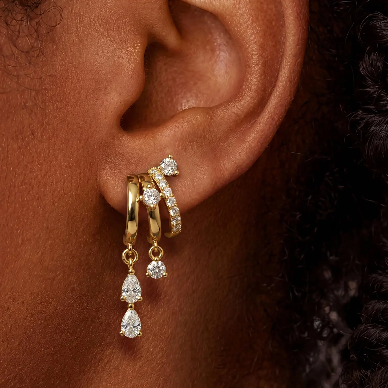 Dangle Earrings for Women, 14k Gold Plated Triple Huggie Stud Earrings Trendy Dainty Drop Earrings for Women Jewelry