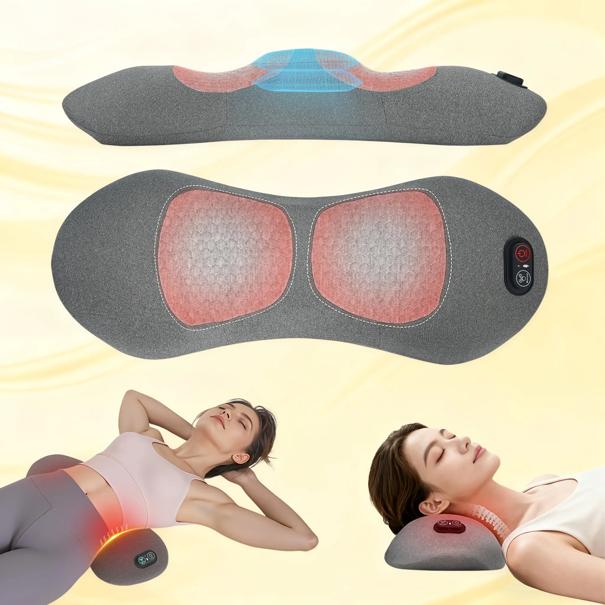 Three In One Lower Back Massager Waist Support Pillow With Heating Vibration And Traction For Relaxation Suitable For Car Bed Sleep Office