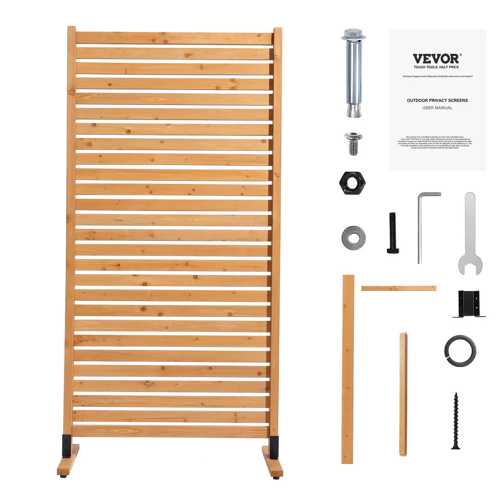 VEVOR 36x76" Freestanding Partition Screen, Wooden Privacy Screen with Stainless Steel Frame, Windproof Stable Base with Ground Stake for Patio, Porch#BackToSchool