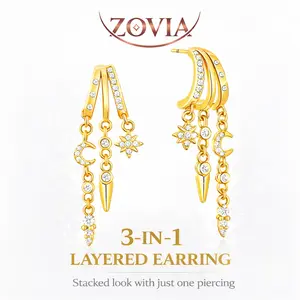 Gold Triple Dangle Huggie Earrings – Moon & Star Drop Chain Design with CZ, Trendy Statement Jewelry for Women, Valentine’s Day Gift