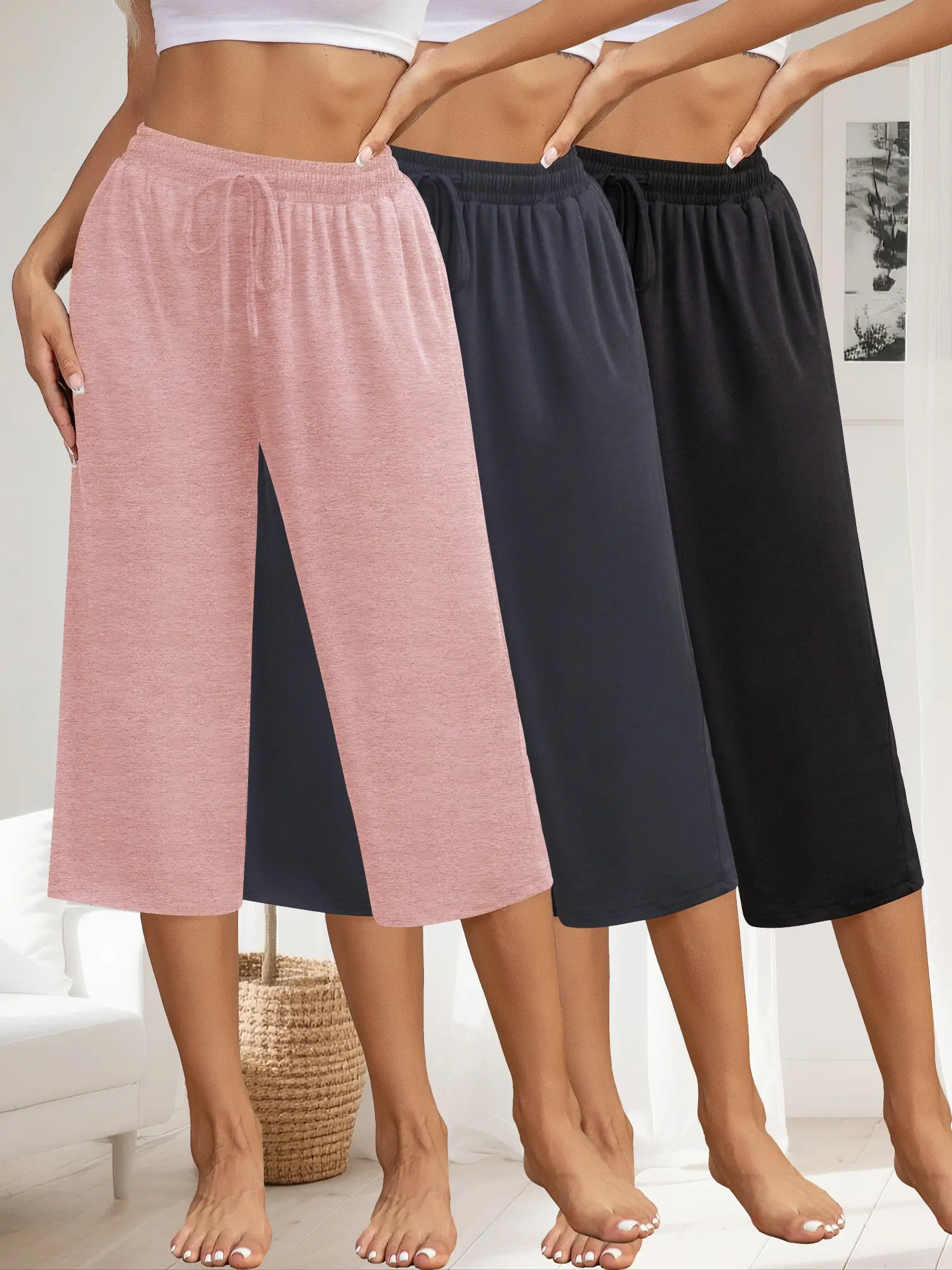 Women's 3 Pack Capri Pants, Soft Viscose Blend Wide Leg Sweatpants with Pockets and Drawstring Waist, Casual Loungewear Bottoms, Garment, Adjustable, Chic, Athletic, Fabric, Breathable, Capri Pants Women, Everyday, Basic