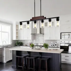 6-Light Linear Chandeliers, Farmhouse Dining Room Light Fixture Over Table, Pendant Lights Kitchen Island Lighting, Wood Ceiling Light Fixture with Clear Glass Shade(No Blubs)