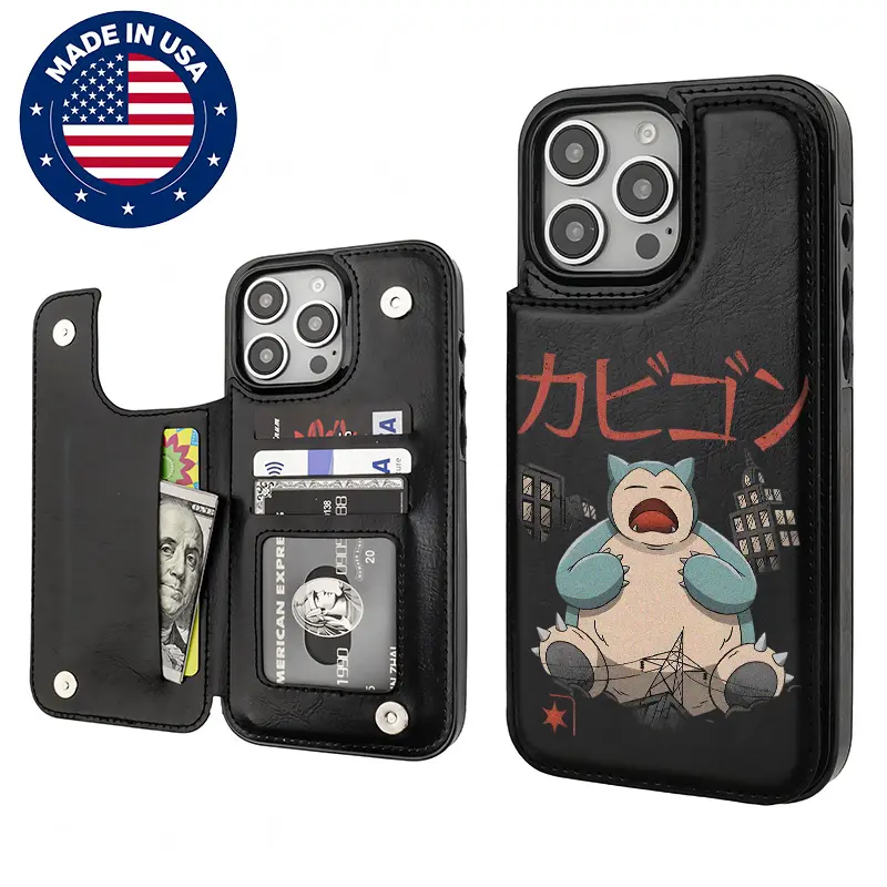 Snorlax Pokémon Graphic Aesthetic Casing for iPhone 16/15/14/13/12 Plus Pro Max, TPU-PU Leather Card Holder Phone Case, Vintage Fashion Protective Accessories for Handheld Cellphone Devices (Drop Protection, Shockproof, Anti-Scratch)