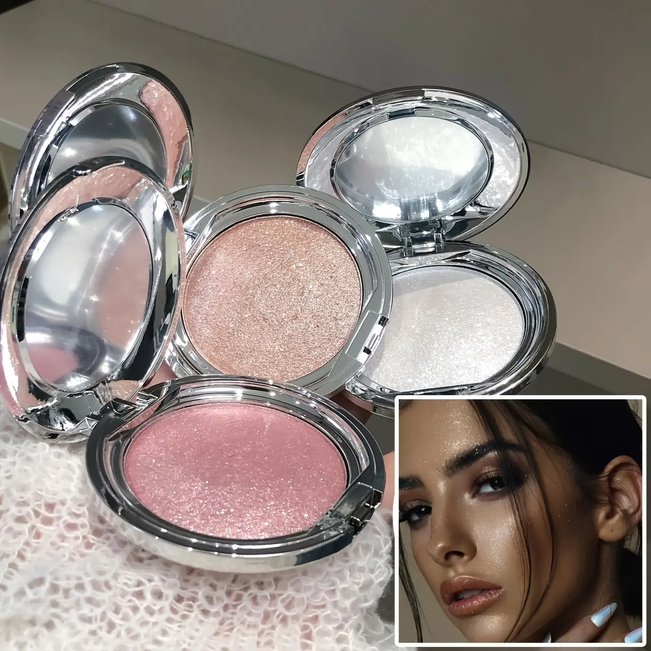 3 Piece Set Single Color Highlighter Disc Rose Gold Round Powder Box Diamond Flash Pearlescent Glow Long-lasting Non-smudged Face And Eye Glitter Cream Bronzer Makeup Cosmetic makeup for halloween korean makeup bronzer！