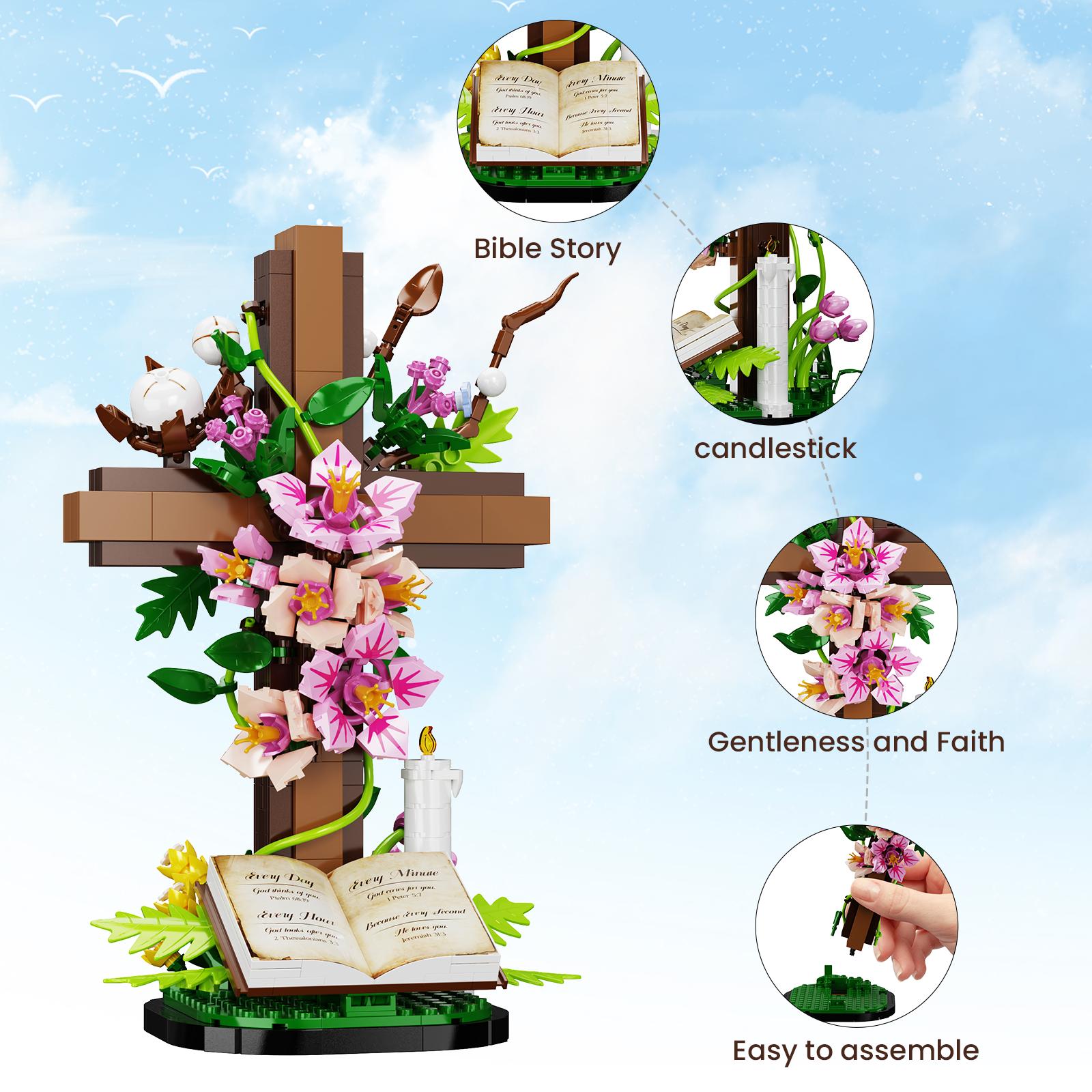 Jesus Cross Bouquet Building Set, Faith-Inspired Floral Block Kit Symbolizing Love, Hope & Resurrection, Memorial Display & Gift for Christian Believers