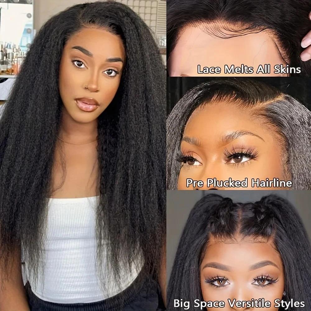 MYLOCKME Women's 360 Glueless Full Lace Wig, 180 Density Brazilian Hair, 32-34 Inch Kinky Yaki Straight, 13x6 HD Lace Frontal, Preplucked Human Hair Wig