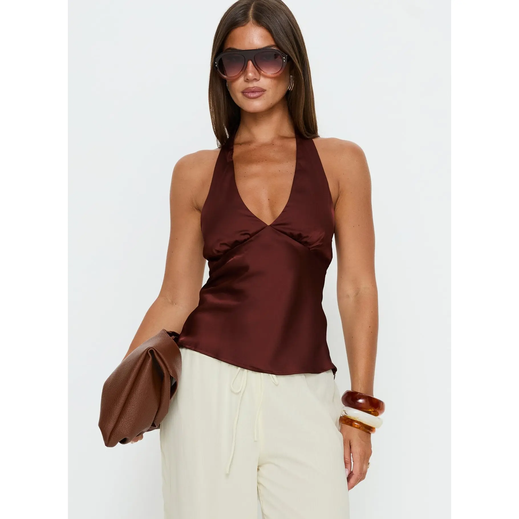 Remarkable Satin Plunge Neck Top Chocolate