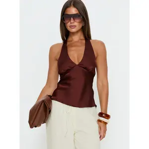 Remarkable Satin Plunge Neck Top Chocolate