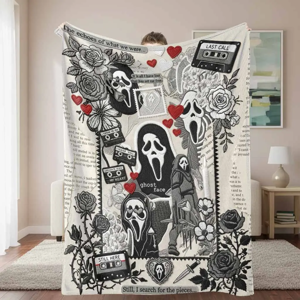 Ghost Face Roses Floral Cassette Embroidery Flannel Blanket - Soft Warm Lightweight Art Print Decorated Throw with Floral Accents, Face Print Option for Bedroom, Halloween Home Decor Gift, Art Print Blankets, Decorated Blankets
