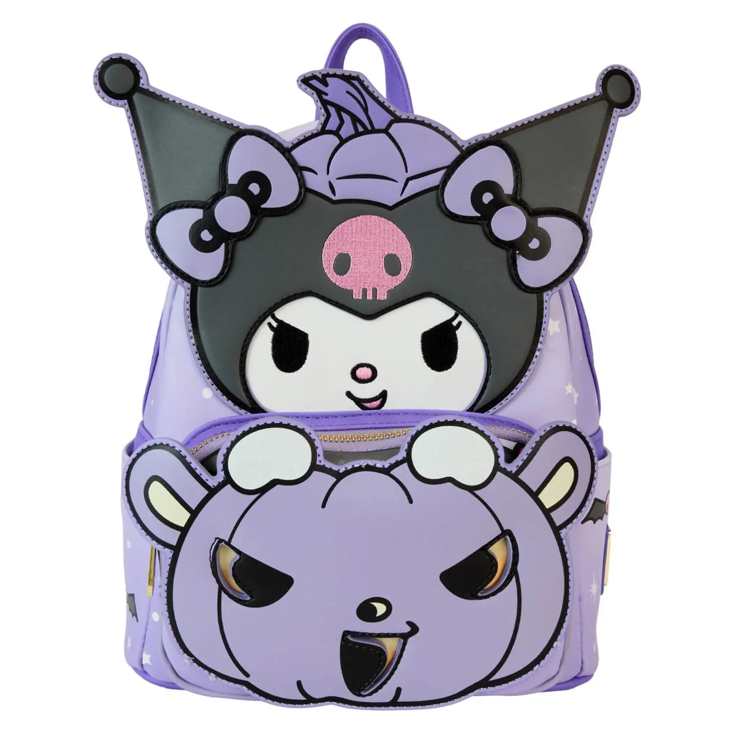 Loungefly Sanrio Kuromi Pumpkin Mini Backpack, Spooky Female Collectibles Bag with Embroidery and Light-Up, Glow-in-the-Dark Details