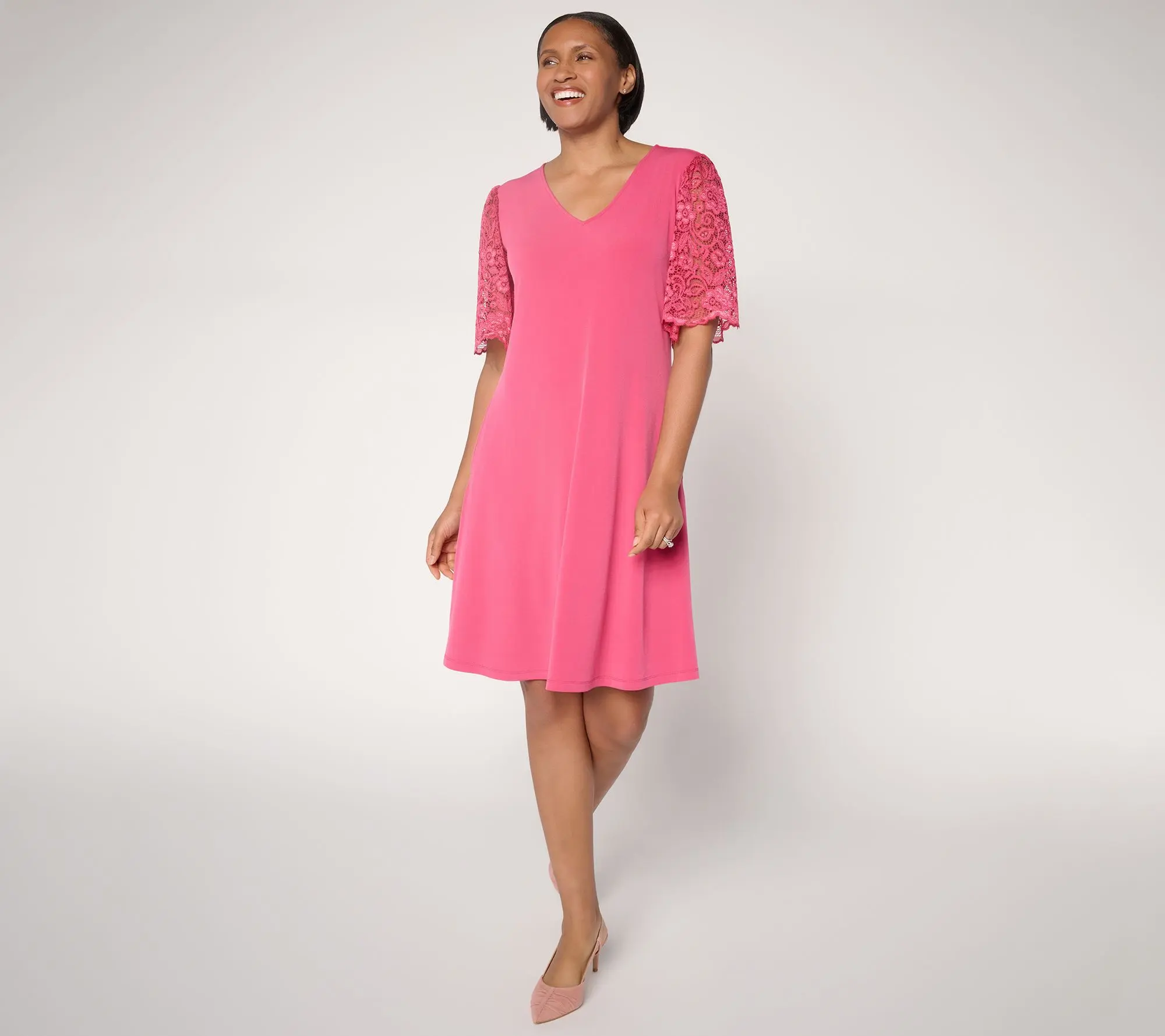 Susan Graver Petite Liquid Knit V-Neck A-Line Dress w/ Lace Sleeves