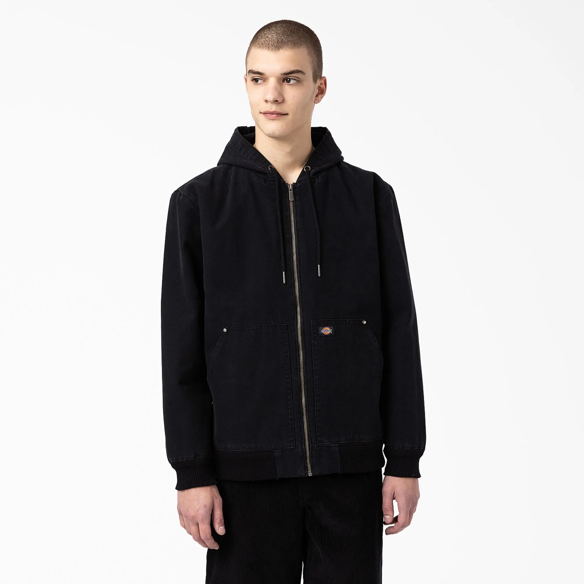 Dickies Men's Cotton Jersey Comfy Hooded Bomber Coat - Fleece Lining, Hidden Pockets, Adjustable Hood, Warm Menswear Workwear, Coats
