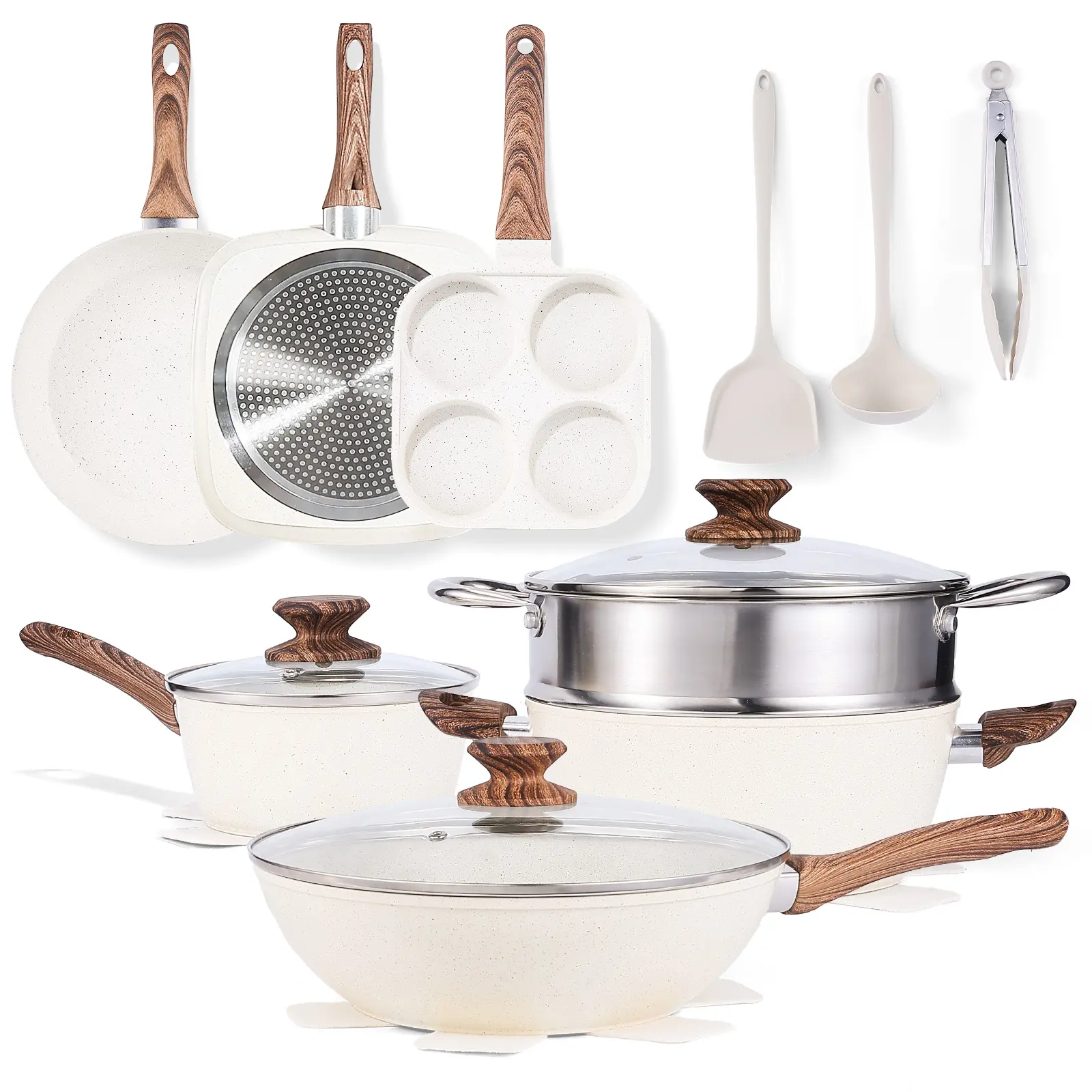 Sweetcrispy 17-Piece Nonstick Pots and Pans Set - Durable Healthy Non-Toxic Induction Cookware Sets with Stay-Cool Handles, Oven-Safe, Durable Cookware Sets