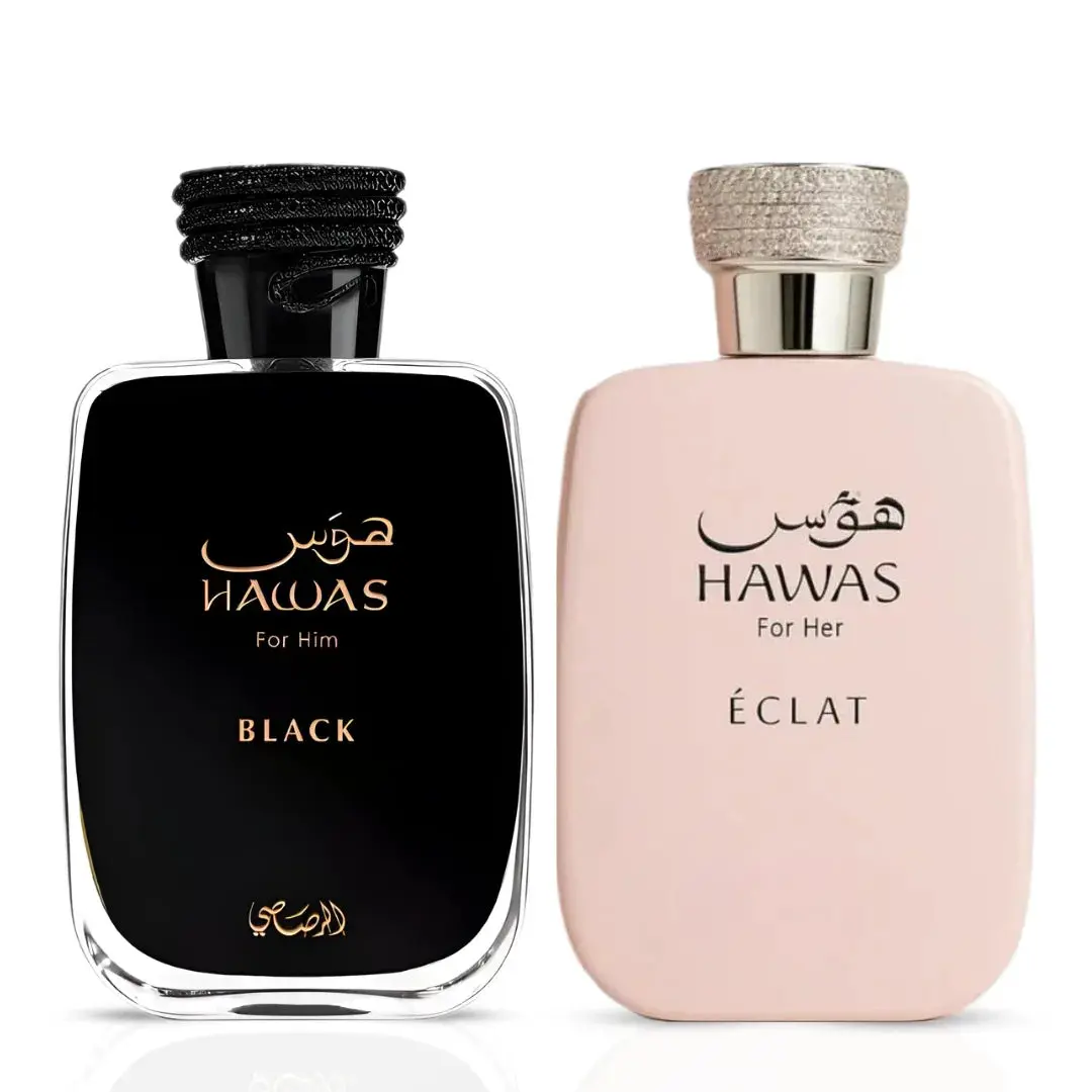 Hawas Black & Hawas For Her Eclat Eau de Parfum Spray 100ml (3.4 oz) by Rasasi (Bundle)