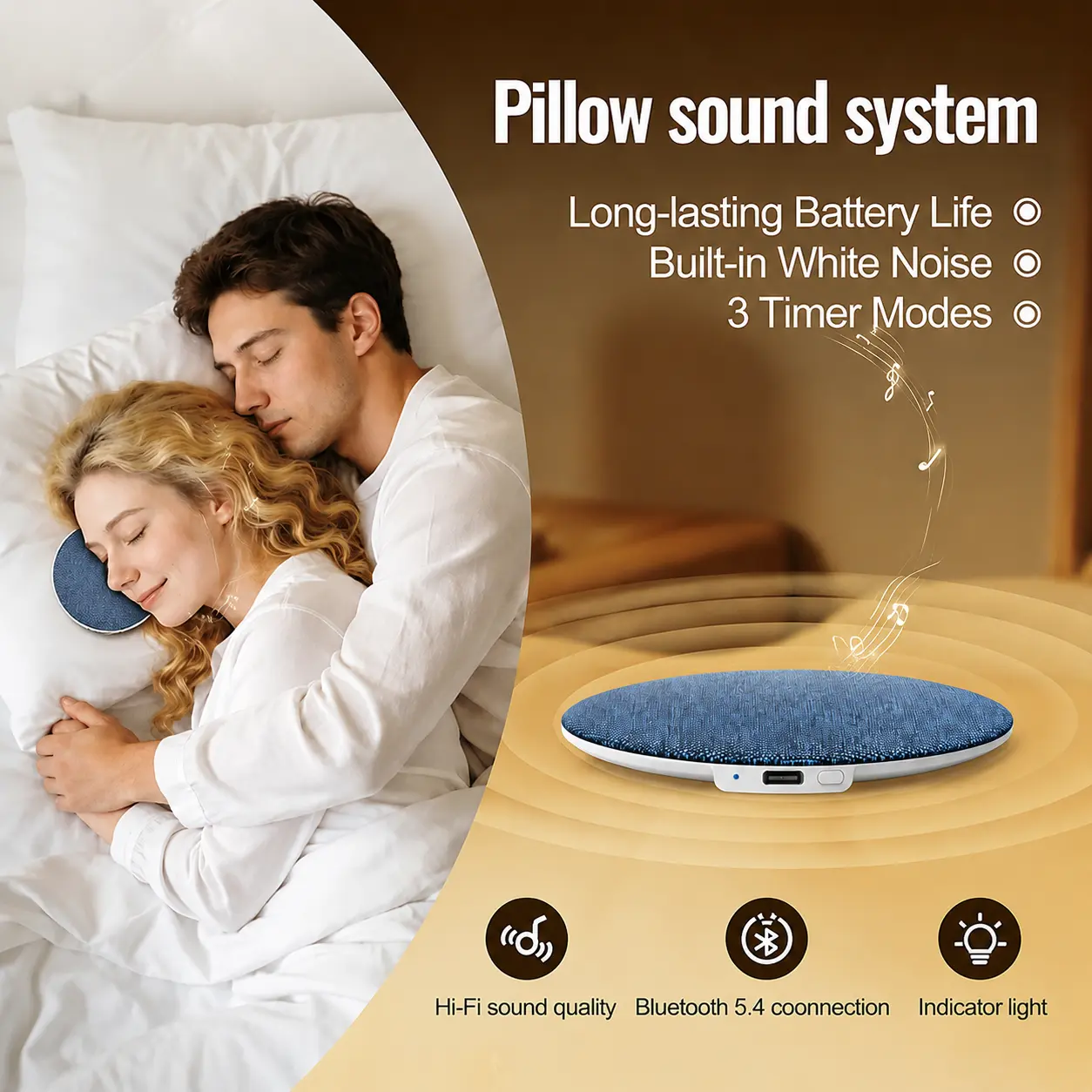 OOBANG Under-Pillow Sleep Speaker for Solo Listening, Ultra-Thin Portable Bluetooth Stereo with White Noise, Close-Range Audio, Timer, Memory Function, Blind-Touch Buttons, USB Type-C Charging, Soft Immersive Sound for Phones, Games