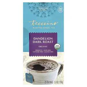 Teeccino Organic Roasted Herbal Tea, Dandelion Dark Roast, Caffeine Free, 25 Tea Bags, 5.3 oz (150 g)