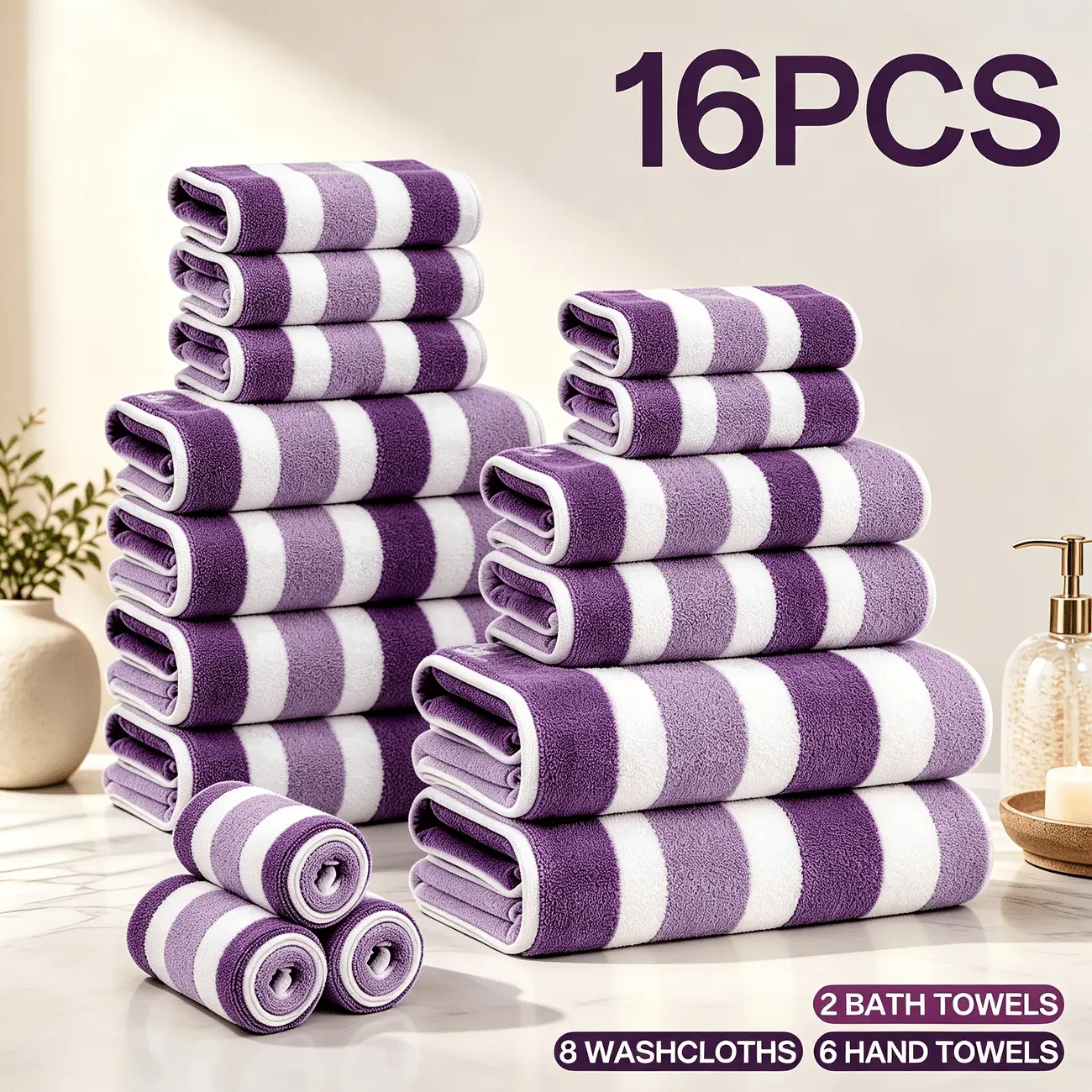 16/8pcs Towel Set, Ultra-fine Fibers Bath Towel, with A Soft And Comfortable Touch And Excellent Water Absorption Ability. Includes 2 Bath Towels, 4 Hand Towels & 2 Washcloths, Very Suitable for Family Use, Perfect for Bathrooms, Hotels, And Saunas