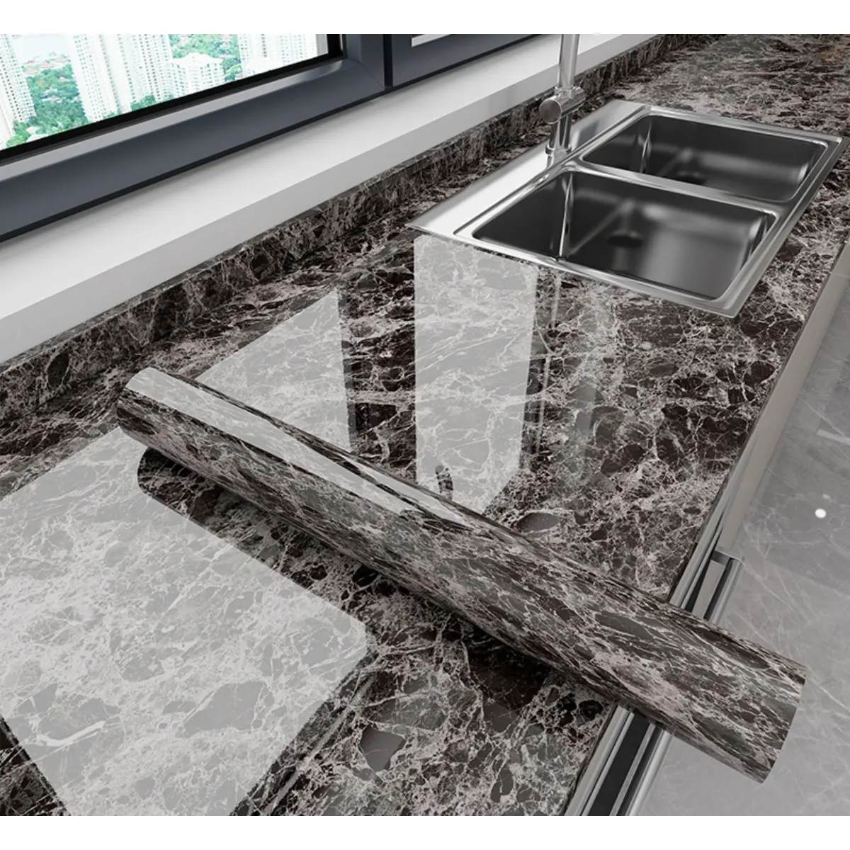 White Grey Glossy Marble Self Adhesive Wallpaper Thick Removable Waterproof Peel and Stick Vinyl for Kitchen Countertops Cabinet Furniture DIY Home Renovation Upgrade Easy Install