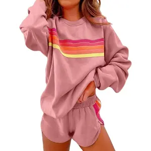 2 Piece Lounge Sets for Women Spring Rainbow Striped Long Sleeve Casual Sweatshirt Shorts Matching Sweatsuits Outfits, Women's Home Wear Comfortable and Stylish Two-Tone Casual