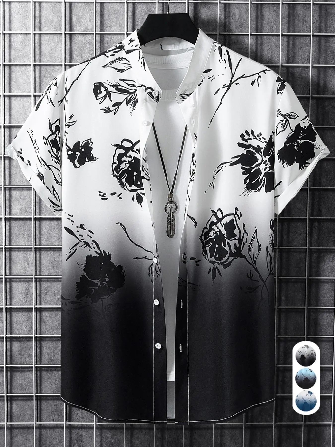 Men's Summer Ombre Floral Print Button Front Short Sleeve Shirt, Casual Tropical Shirt, Coastal Shirt, Soft Comfy Casual Top for Daily Wear, Menswear