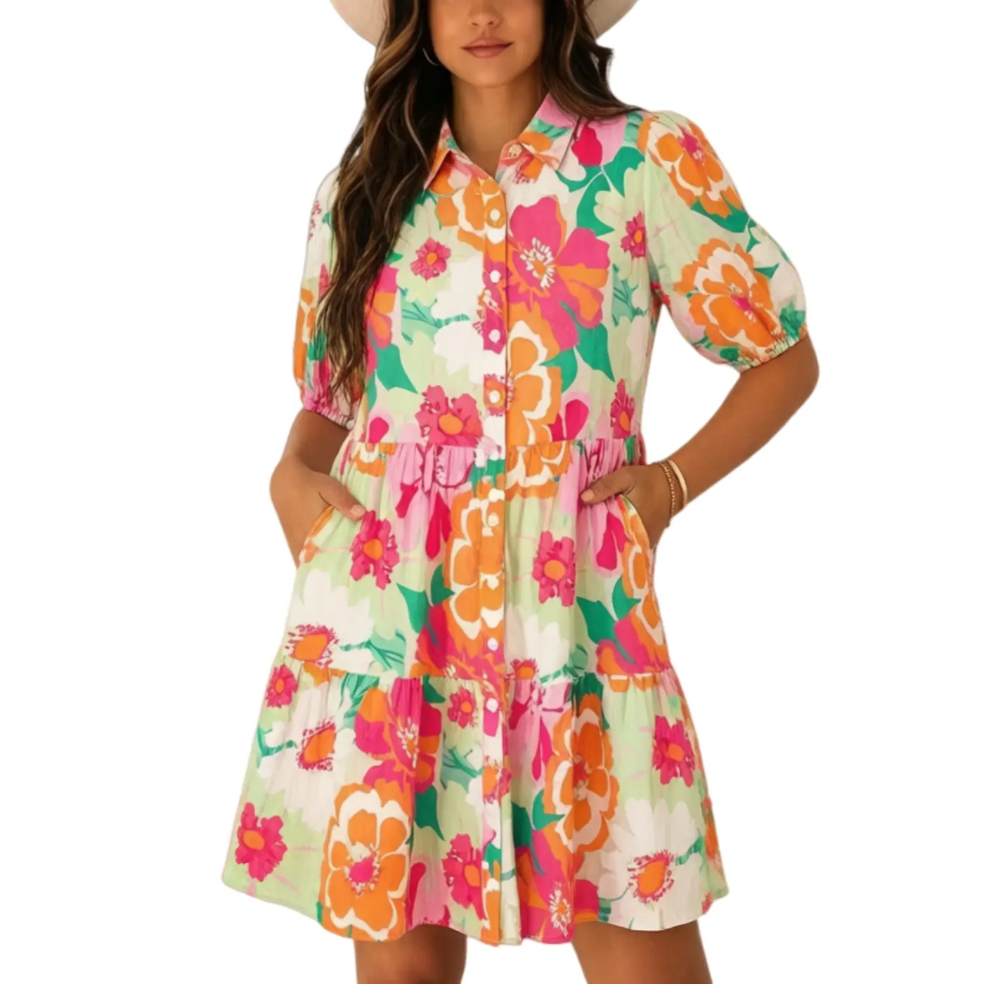 Asvivid Women's Floral Printed Puff Sleeve Mini Dress Collared Neck Buttoned Babydoll Casual Dresses Womenswear