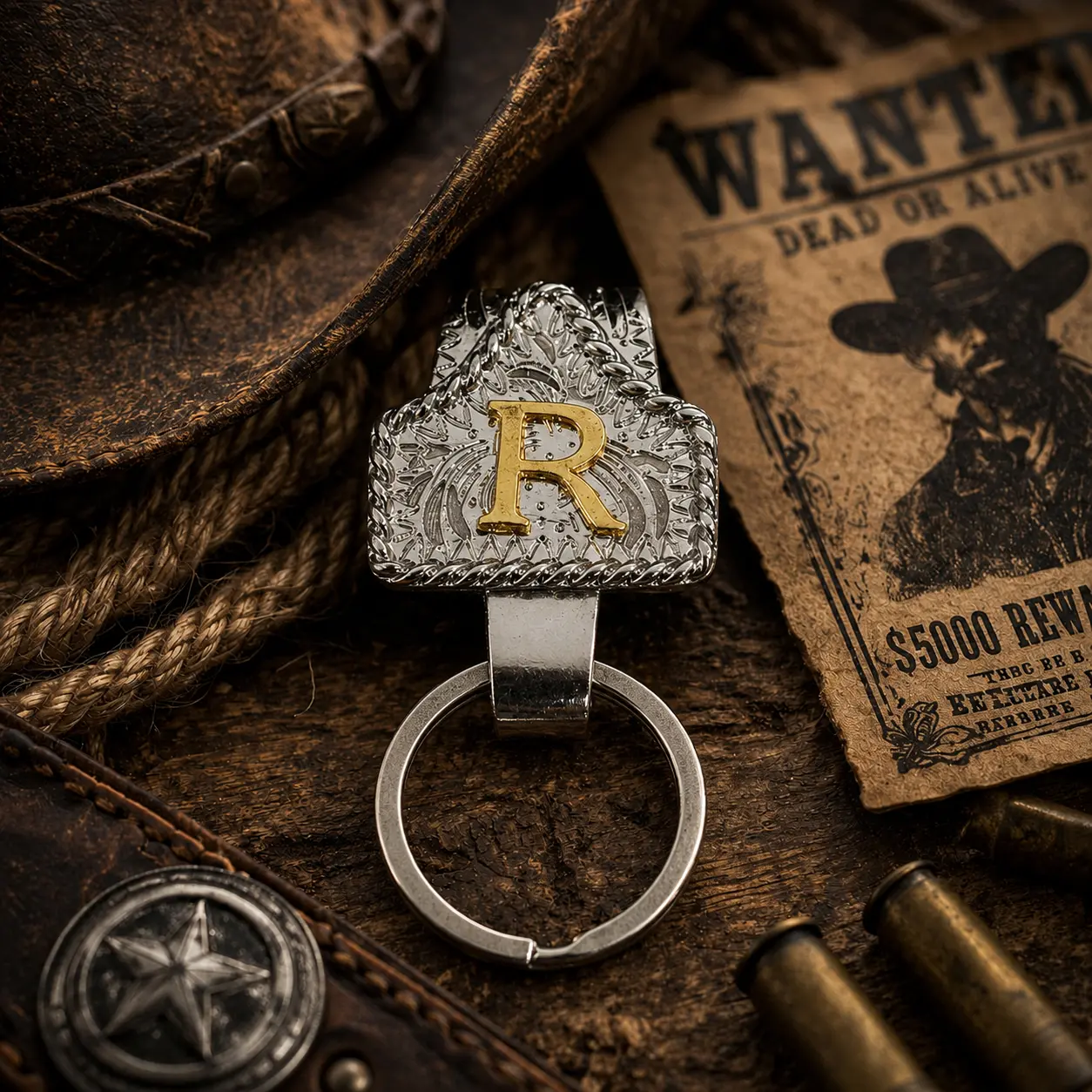 Silver Handmade Cow Tag Belt Key Holder with Copper Initial – Custom Western Keychain for Men & Women, Texas-Inspired Cowboy Keychain, Fashion Accessory for Bags, Keys & Gifts
